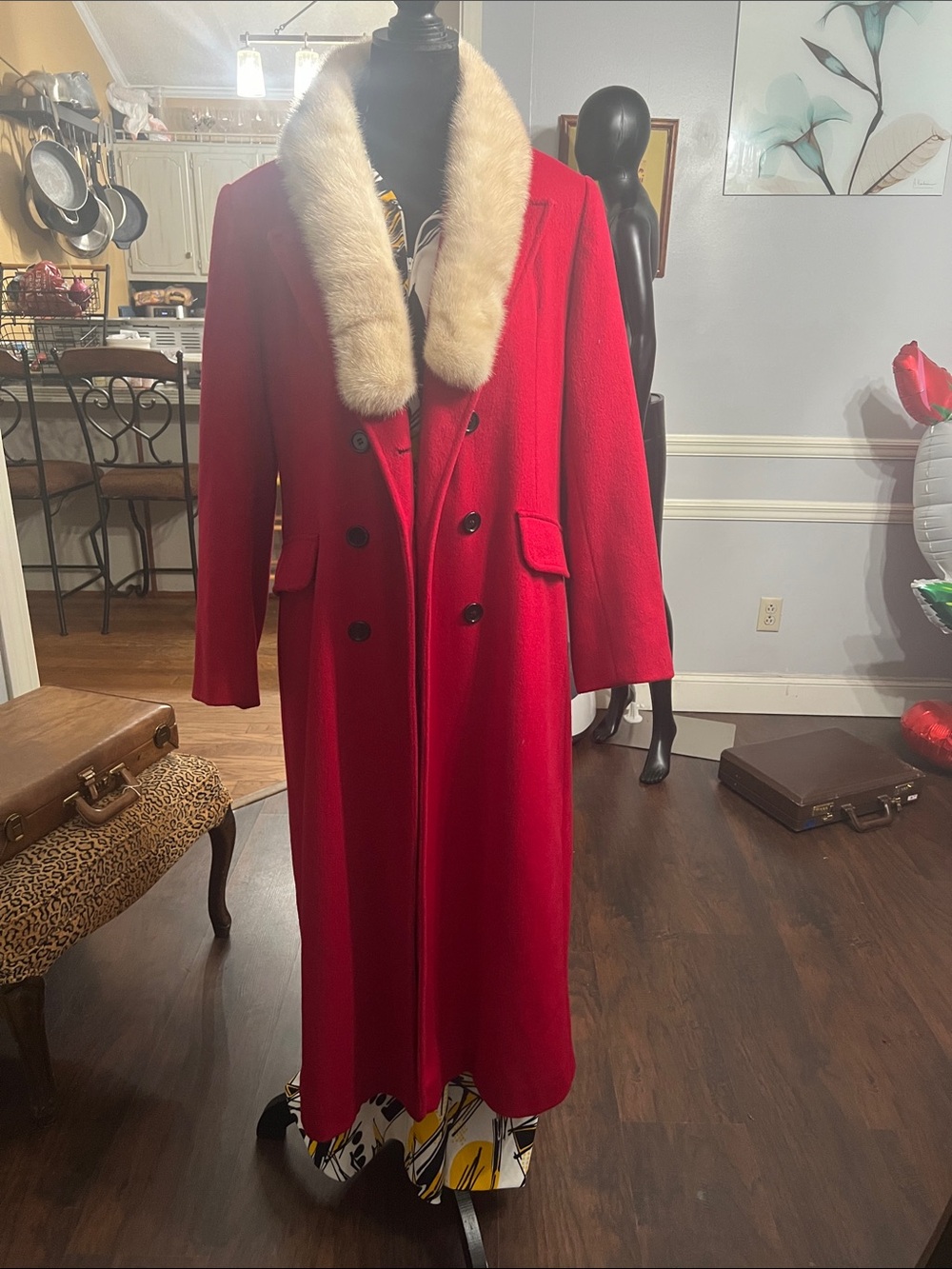 Karen Long Double-Breasted Trench Coat with Cream Fur Collar